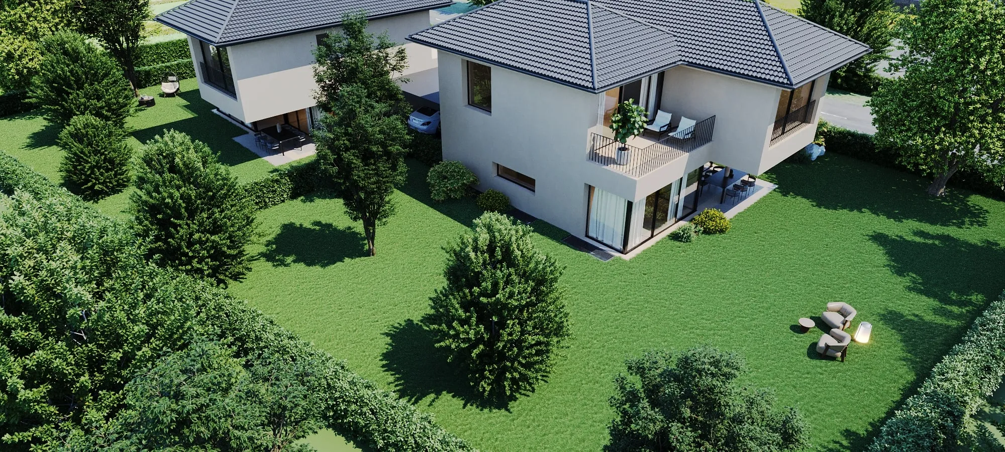 Vue aérienne des deux villas et de leurs jardins